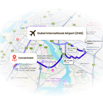 从迪拜国际机场到康莱德迪拜酒店的路线